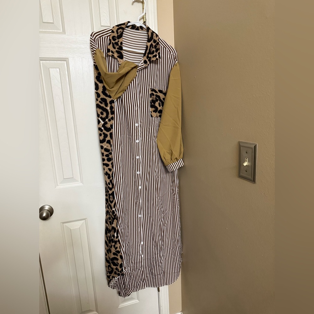 SHEIN Striped and Leopard Print Dress - Black, White, Tan
